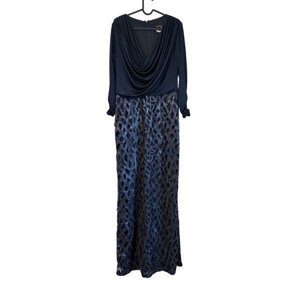 Tadashi Shoji Navy Blue Draped Neckline Lattice Sequin Maxi Gown Womens Size 8 - Picture 1 of 10